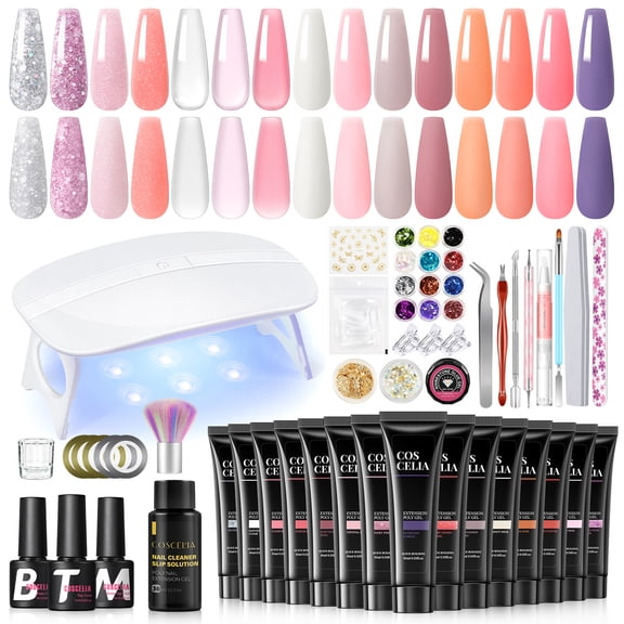 Manicure Kits with 6W Nail Lamp 15PCS Poly Extension Gel and Slip Solution Base Top Coat Nail Art Design Tools