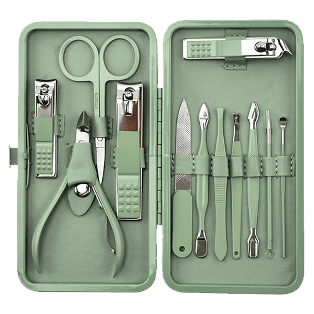 German Manicure Set For Home With Nail Clippers And Toe Nail Clippers,  Portable Green Folded Case (7pcs/set)