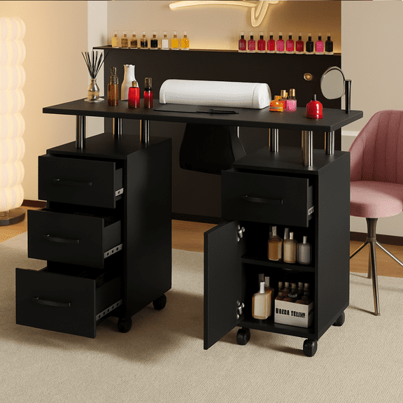 Manicure Nail Table Station with Electric Downdraft Vent,Versatile Nail Desk with Locking Castors & Wrist Cushion for Spa Beauty Salon