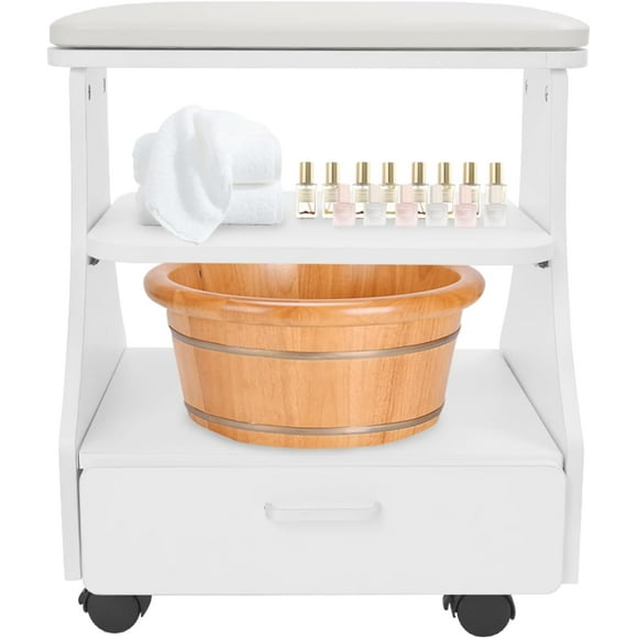 Manicure Pedicure Cart, Foot Bath Stool Pedicure Manicure Chair, Foot Rest Massage Station Salon Supplies, Load 110.23lbs (White)
