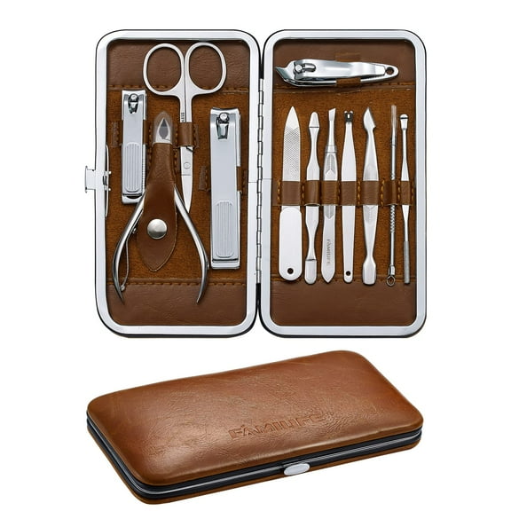 Manicure Pedicure Kit, Brown Professional Nail Clippers Set 12 Pieces Grooming Kit with Luxurious Leather Travel Case