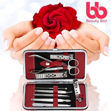 Beauty Bon® Manicure, Pedicure Nail Clippers, Stainless Steel Tools Kit with Portable Travel Case, All in One Beauty Care Tools, Set of 10