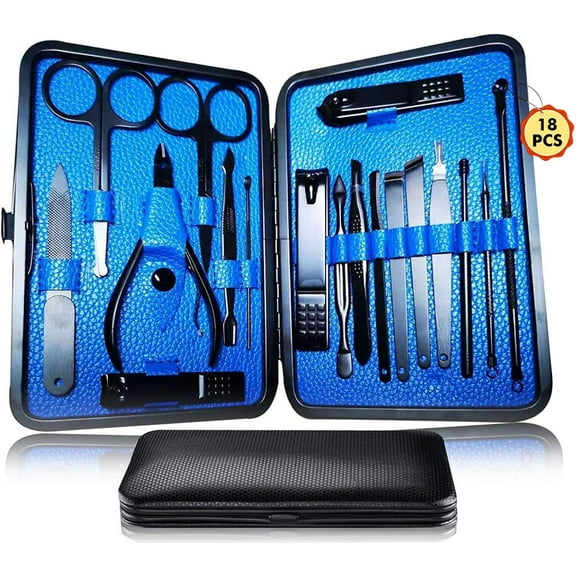 Manicure Pedicure Kit Nail Clippers Set 18 in 1 High Precision Stainless Steel Cutter File Sharp Scissors for Men & Women Fingernails & Toenails Vibrissac Scissors with Stylish Case (Blue_18in1)