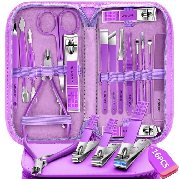 Manicure Pedicure Set - 16 Pcs Nail Clipper Set Professional Nail Grooming Tools Manicure Pedicure Kit, Nail Care Kit Idea for Men Women with Travel Case Purple