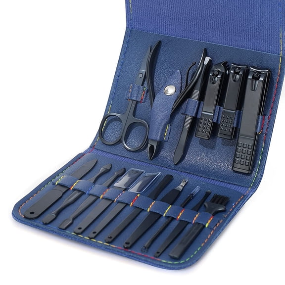Manicure Pedicure Set Nail Grooming Kit -Stainless Steel Sharp Nail Clipper for Men or Women's Fingernail and Ingrown Toenail,with Nail File and Cuticle Trimmer in(16 in 1,Blue)