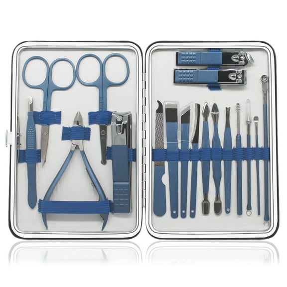 Manicure Set 18 in 1 Grooming Kit Stainless Steel Professional Pedicure Set,Nail Scissors,Nail File,Ear Pick,Tweezers,Nose Hair Scissors,Eyebrow Razor with Black Leather Travel Case(blue)