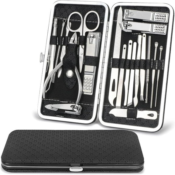 Manicure Set 19 Pcs Nail Clippers Kit Professional Pedicure Care Tools Stainless Steel Grooming Kit Thick Cutter & File Scissors & Fingernails with Case for Travel or Home Black