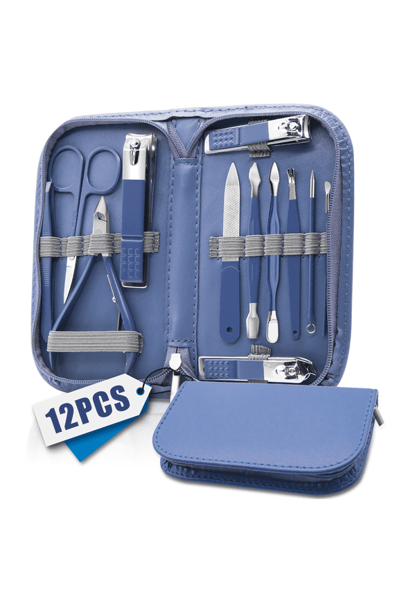 Manicure Set, Nail Care Kit, Manicure Pedicure Set Professional Manicure Kit for Women Men, Manicure & Pedicure Tools & Accessories, Nail Care Tool with Blue Leather Travel Bag, Set 12 in 1