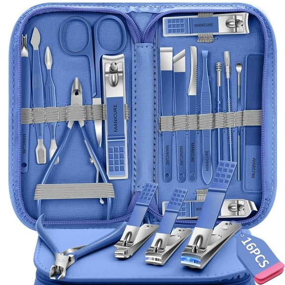Manicure Set Nail Clipper Set, 16 In 1Pedicure Manicure Kit Professional Pedicure Set Women Men Personal Nail Care Kit with Travel Case Blue