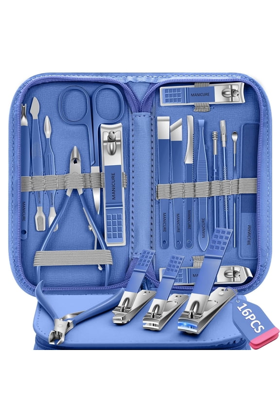Manicure Set Nail Clipper Set, 16 In 1Pedicure Manicure Kit Professional Pedicure Set Women Men Personal Nail Care Kit with Travel Case Blue