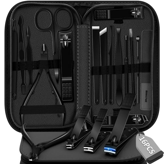 Manicure Set Pedicure Kit, 16 Pcs Stainless Steel Nail Clippers Set, Professional Nail Care Tools Grooming Kit with Portable Travel Leather Case for Men Women Black