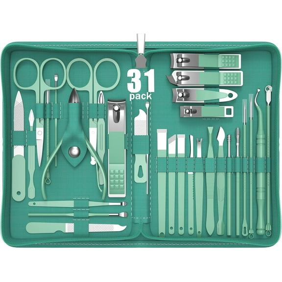 Manicure Set Personal Care, Nail Clipper Kit, Professional Nail Clipper Pedicure Set, Nail Tools with Luxurious Travel Case, Gifts for Men Women Family Friend, 31 Pieces (Green)