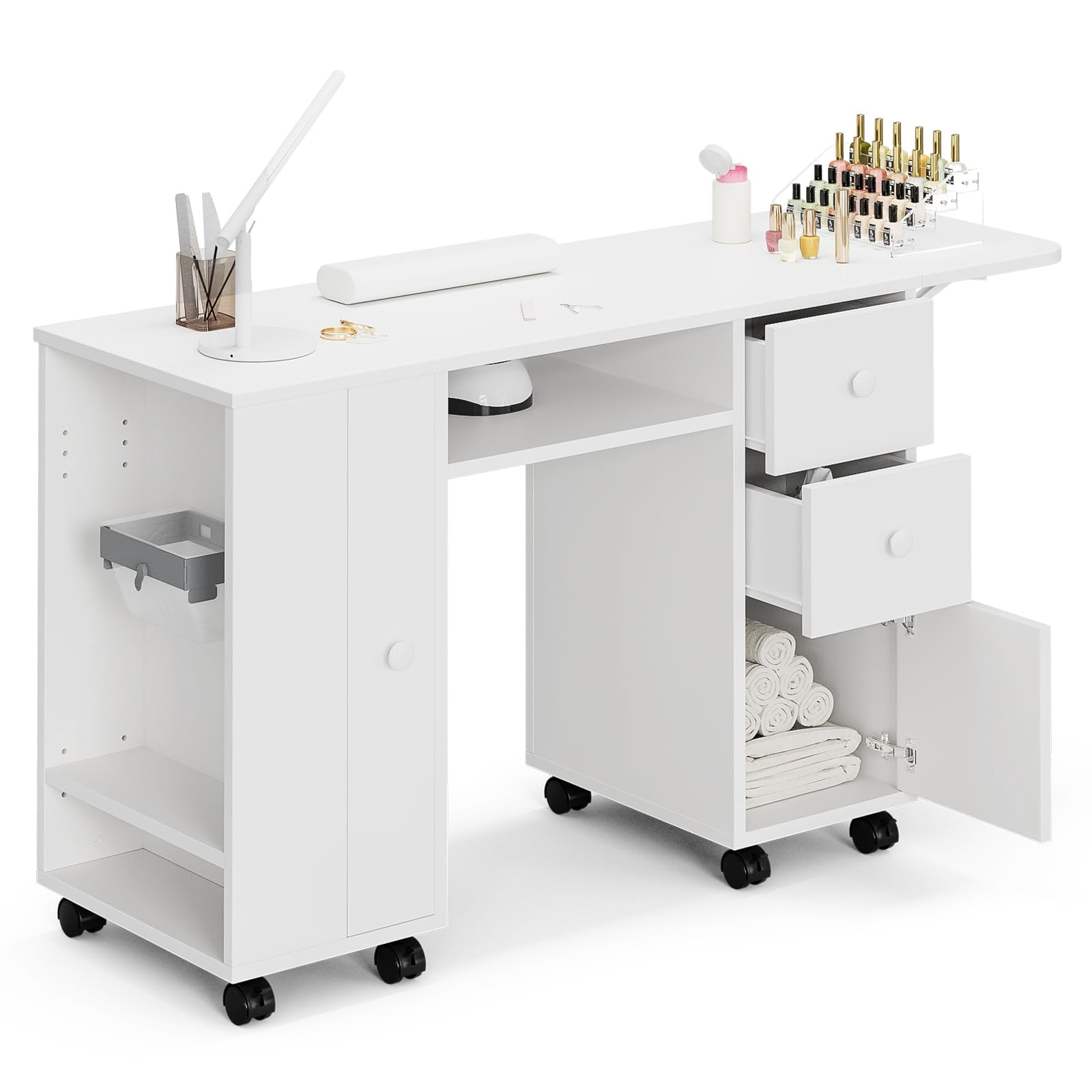 55 Inch Nail Desk for Nail Tech, White Manicure Table Nail Station with Foldable Tray & Trash Bag Holder, Wrist Cushion, Lockable Wheels, Nails Table for Nail Beauty Salon Spa（White）