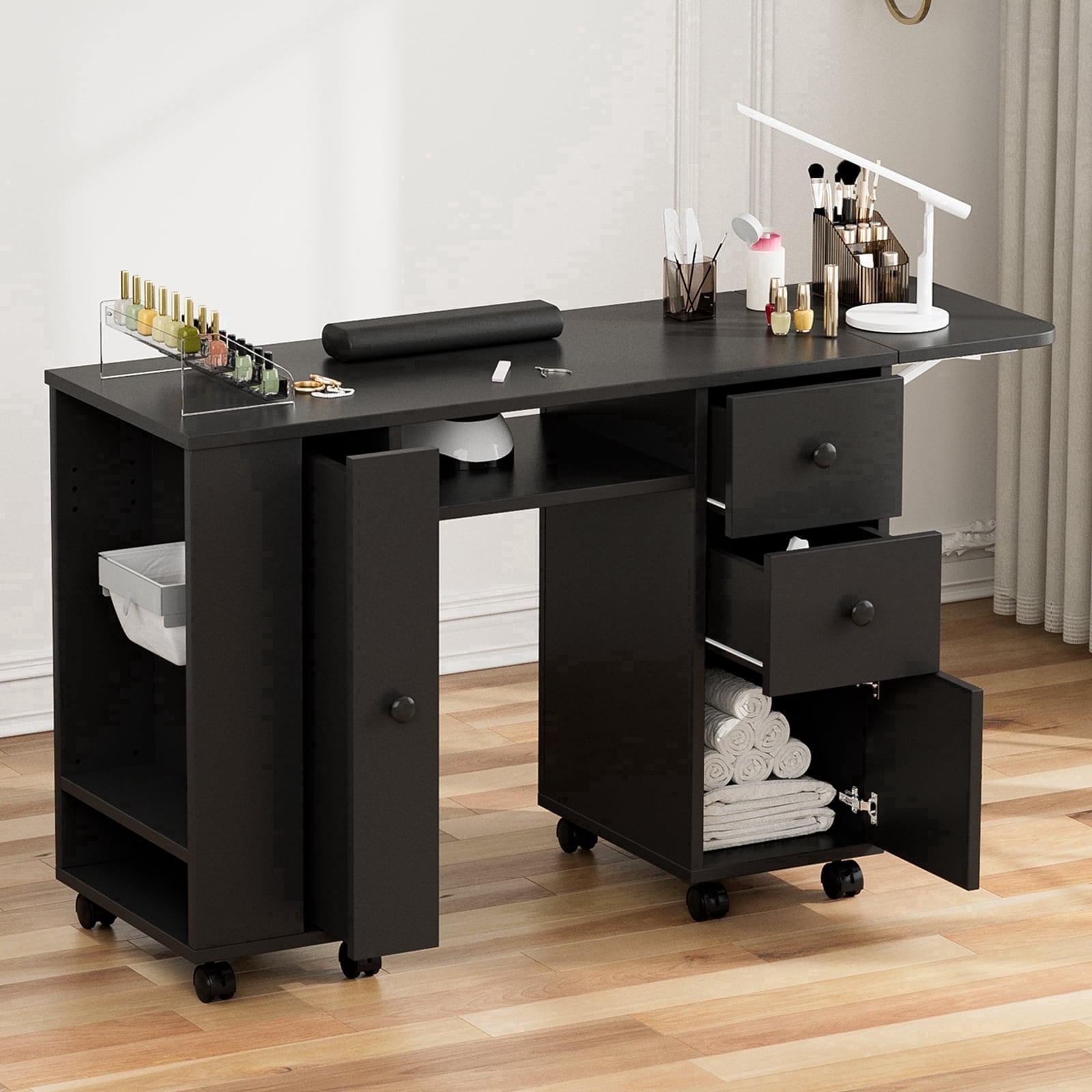 Manicure Station with Storage Drawers and Cabinet, Nail Tech Table with Foldable Tabletop, Nail Station with Lockable Wheels, Wrist Cushion, Nail Organizer & Foldable Trash Rack(Black)