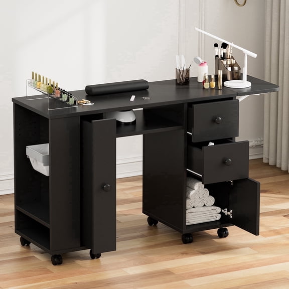 Manicure Station with Storage Drawers and Cabinet, Nail Tech Table with Foldable Tabletop, Nail Station with Lockable Wheels, Wrist Cushion, Nail Organizer & Foldable Trash Rack(Black)
