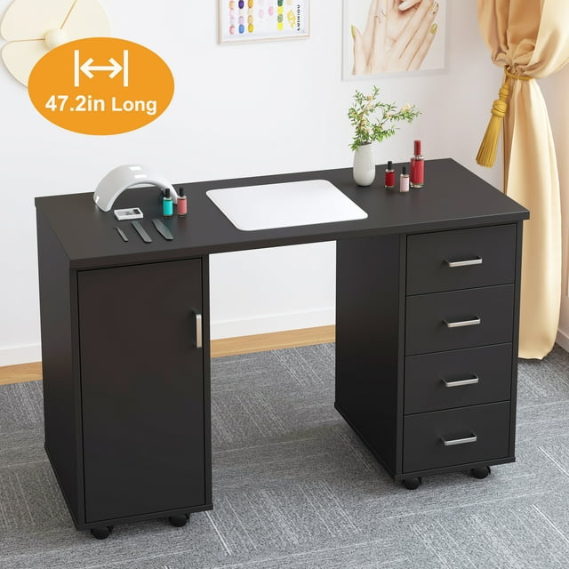 Manicure Table, BTMWAY 47in Long Wood Nail Salon Station Table, Rolling Manicure Nail Desk with