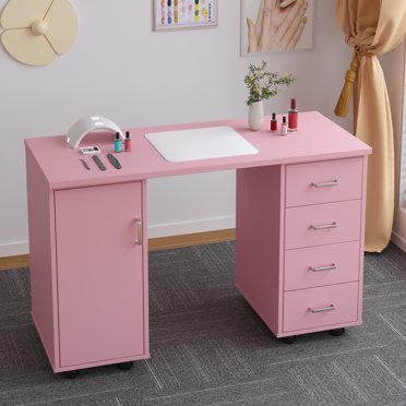 DeerDean Pink Manicure Table Nail Desk For Nail Tech With Golden Handles Nail Tech Desk Station Acetone Resistant Nail Table With Extended Drawers & Cabinets & Wrist Cushion