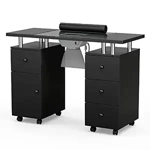 Manicure Table, Glass Top Nail Makeup Desk Table Station for Tech w/Electric Downdraft Vent, Wrist Cushion, Lockable Wheels, Storage Drawers, Wooden Handles (Black)