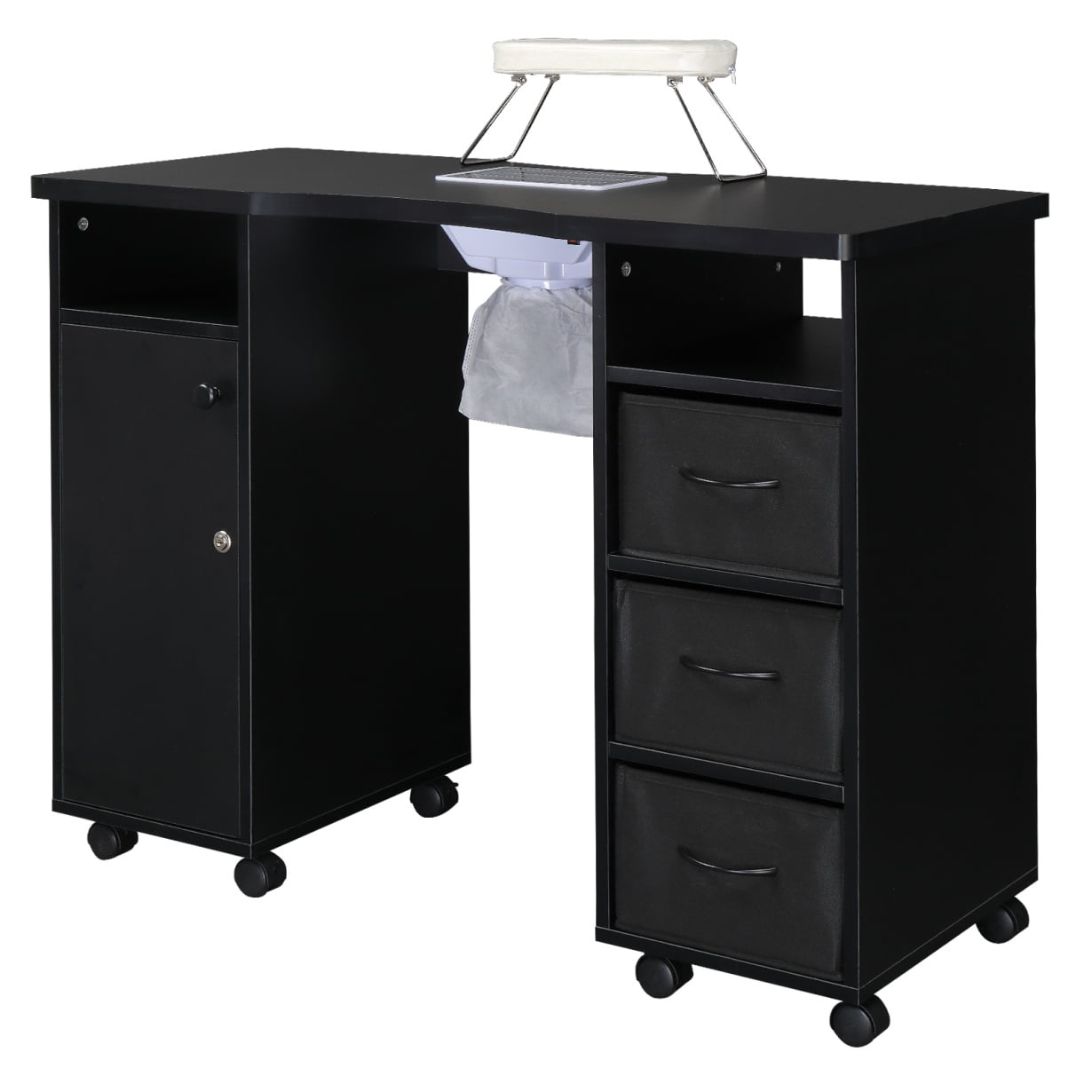 Manicure Table with Lockable Wheels, Rolling Nail Desk with Fan, Salon Nail Art Desk Workstation