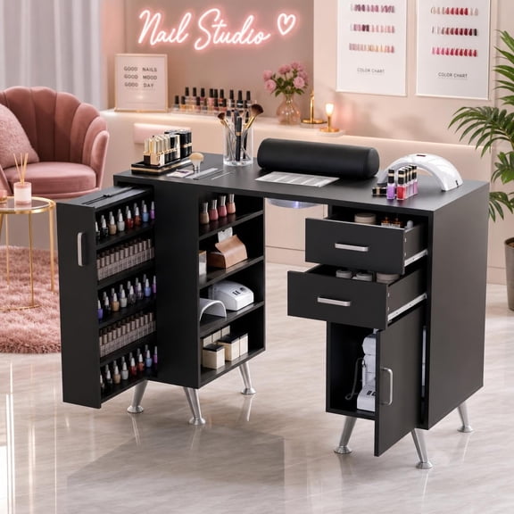 Manicure Table Nail Desk, Nail Station with Glass Top Wrist Rest Electric Dust Collector Storage Drawers Cabinet, Beauty Salon Workstation for Nail Tech