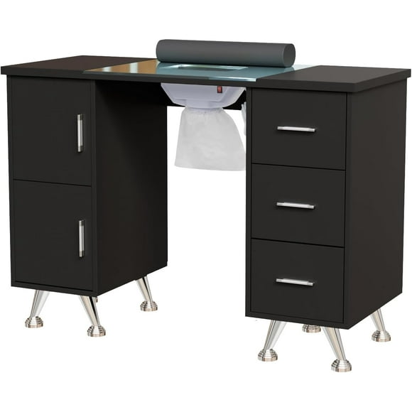 Manicure Table Nail Desk for Nail Tech w/Glass Top & Wrist Rest, Beauty Salon Nail Supplies Decor Workstation Acetone Resistant w/2 Side Cabinet+3 Drawers, Black