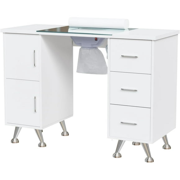 Manicure Table Nail Desk for Nail Tech w/Glass Top & Wrist Rest, Beauty Salon Nail Supplies Decor Workstation Acetone Resistant w/2 Side Cabinet+3 Drawers, White