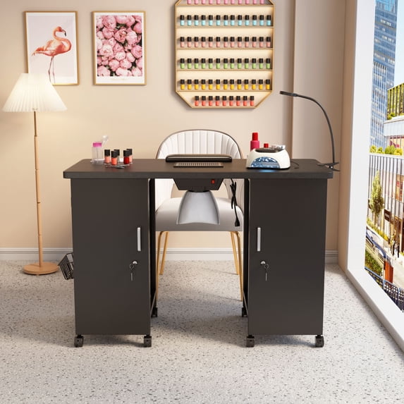 Manicure Table Nail Desk With 4 Large Drawers LED Lamp Wheels Dust Collector Professional Nail Station For Home Spa Beauty Salon
