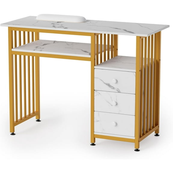 Manicure Table Nail Desk for Nail Tech, Marbling Texture Beauty Spa Salon Station, Acetone Resistant Workstation with Wrist Rest, 2-Tier Desktop