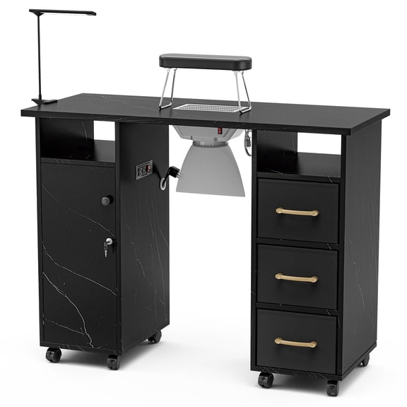 Manicure Table Nail Station with Power Outlets, Marble Grained Nail Tech Table Nail Table Station w/Dust Collector, Non-Woven Drawers, Desk Lamp & Wrist Cushion(Black)