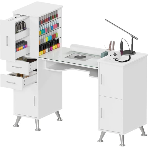 Manicure Table Nail Station w/Glass Top, Dust Collector, 4 Dust Bags, Storage Drawers & Cabinets, Nail Desk Beauty Salon Workstation (White)