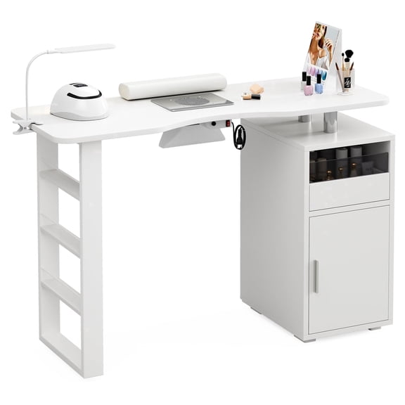 Manicure Table for Nail Tech, Acetone Resistant Nail Desk Station with Dust Collector & LED Lamp, Nail Table with Wrist Cushion, 4-Tiers Shelves, Drawer and Cabinet for Beauty Workstation