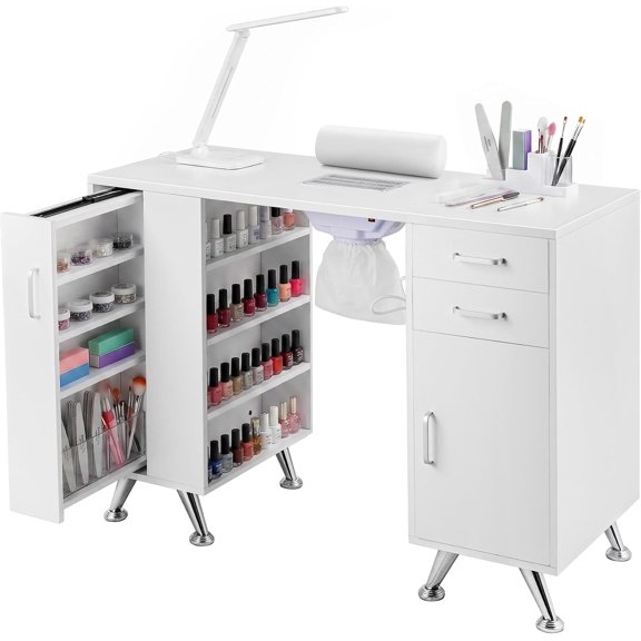 Manicure Table,Nail Tech Desk with Built-in Dust Collector,Vertical Pull-Out Design,Large Capacity 9-Layer Storage Compartments, 2 Drawers & Lockable Cabinet,Salon Spa Nail Workstation