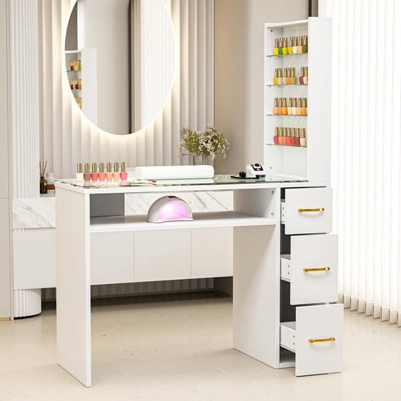 Manicure Table for Nail Tech with Glass Top, Nail Desk Station w/Storage Shelves & Wrist Cushion, Golden Handles, Spa Beauty Salon Workstation (White)
