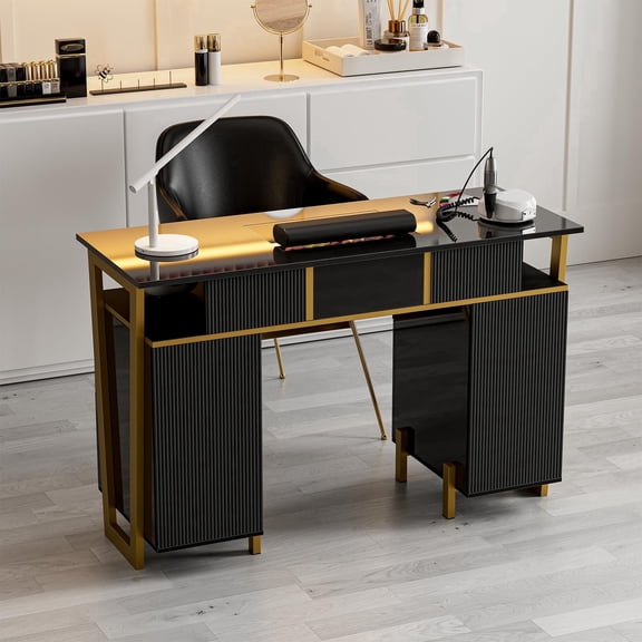Manicure Table for Nail Tech, Modern High Glossy Nail Desk w/Metal Frame, Nail Station w/4Drawers & 2 Cabinets, Acetone-Resistant Salon Beauty Workstation (Black)