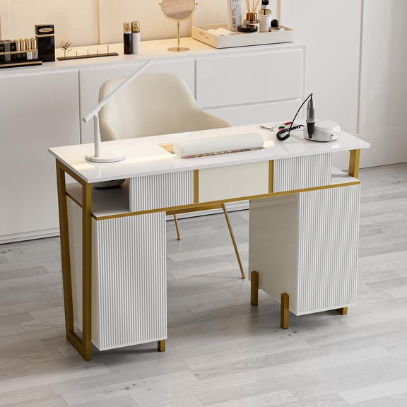 Manicure Table for Nail Tech, Modern High Glossy Nail Desk w/Metal Frame, Nail Station w/4Drawers & 2 Cabinets, Acetone-Resistant Salon Beauty Workstation (White)