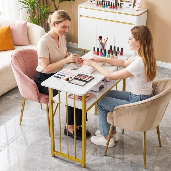 Manicure Table for Nail Tech, Nail Art Desk with Storage Shelf, Marbling Texture And Golden Frame, Nail Beauty Table for Professional Spa Beauty Salon Home Use-100 cm