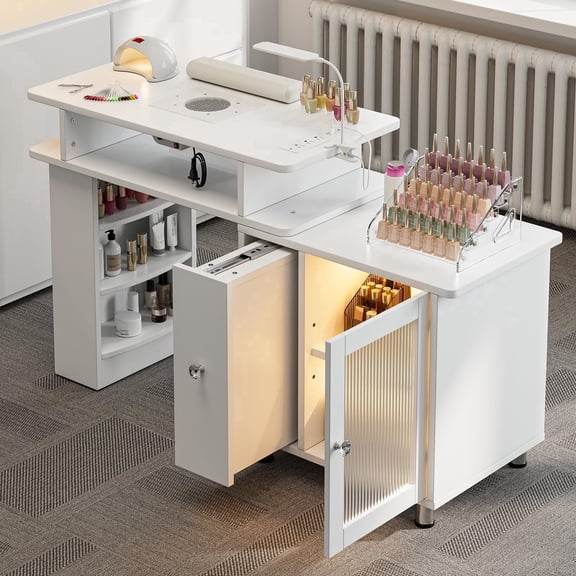 Manicure Table w/LED Light & Lamp, Nail Desk Nail Tech Table w/Dust Collector & Charging Station, Nail Station w/Acrylic Display Rack, Drawers & Glass Door Cabinet (White)