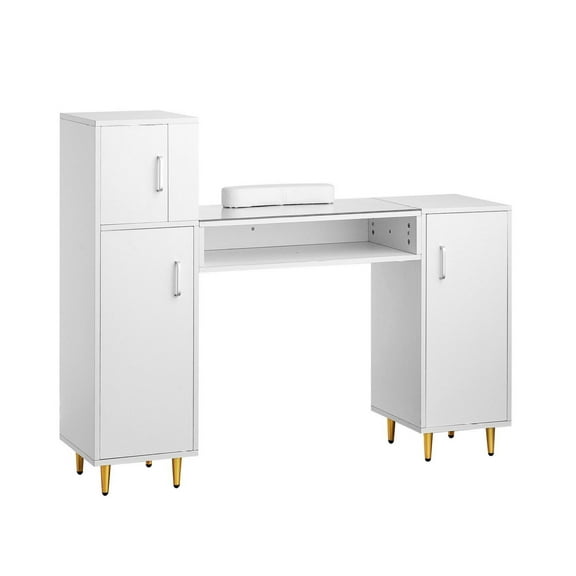 Manicure Table with Glass Top, Nail Desk with Storage, White Nail Station for Salon & Home