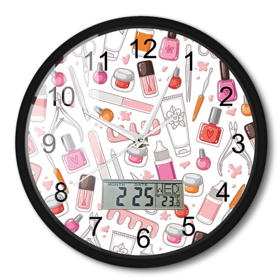 Manicure Tools Modern Design Wall Clock with Day Week Temperature Display,Silent Sweep Black Metal Frame 12inch Round Clock for Girls Room Beauty Center Nail Salon Decor Nail Artist Gift