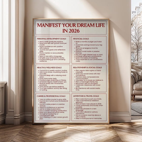 Manifest Your Dream Life Poster, Goal Setting, Vision Board Planner, Growth Motivation, Living Room And Gallery Wall Decor