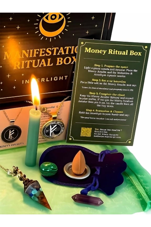Manifestation Money Ritual Box  Money Amulet Necklace Gift for Wealth, Prosperity & Abundance with Malachite, Amethyst, Green Candle, Incense, Money Amulet, Music QR & Manifestation Guide