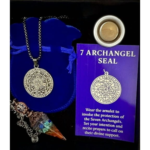 Manifestation Open ALL Roads/Protection Ritual Box – 7 Archangel Seal Amulet Gift Set – Protection & Guidance Pendant – Includes Crystal Pendulum, Velvet Pouch & Instruction Card