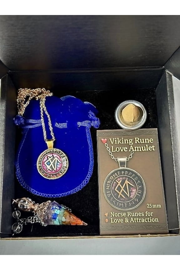 Manifestation Love Ritual Box – Love Attraction Amulet Gift Set – Kenaz, Gebo, Laguz Rune Pendant for Romance, Passion – Includes Crystal Pendulum, Velvet Pouch & Ritual Card