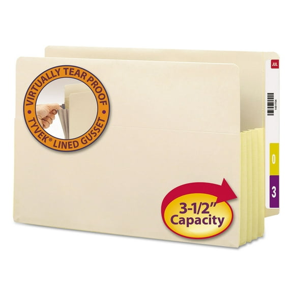 3.5 in. Expansion Legal Size End Tab File Pockets with Tear Resistant Gussets - Manila (10/Box)