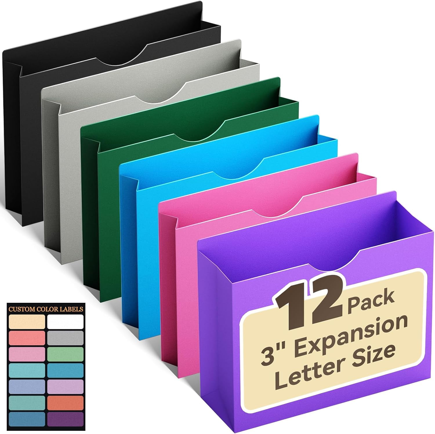 Manila File Jackets & File Pockets Letter Size,Reinforced Straight Cut Tab,Heavy Duty 3" Expansion Manila Folders,12 Pack Job Folder File Jackets Designed for Use in Standard Hanging Files