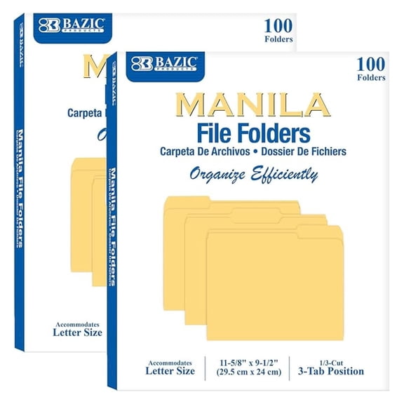 Manila Folders 11 5/8" x 9/2", Manila File Folders 1/3 Cut Letter Size with Left, Right, Center Tabs Letter Size for Organizing and Filing Documents, Office Folders, 200-count