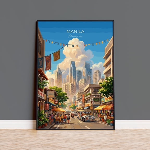 Manila Philippines Travel Print Manila City Wall Art Skyline & Bay Illustration Vintage Style Asian City Decor Philippines Gift