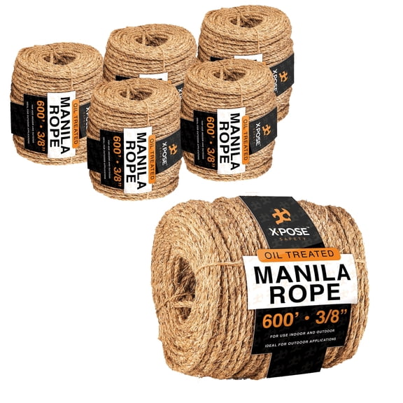 Manila Rope - 3/8 Inch Rope 600' - 3 Strand Cordage Twisted Braided Rope - Thick Natural Fiber Rope for, Marine, Decorative Rope for Crafts, Porch Column, Outdoor Pole Wrap, Tree Rope Swing 6 Pack