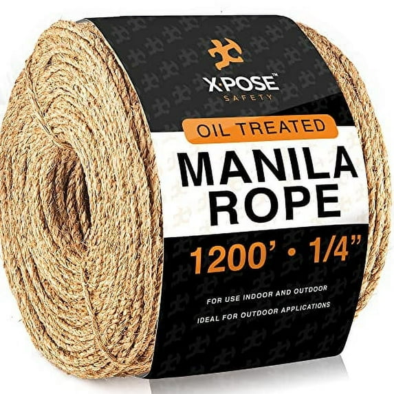 Manila Rope - 3 Strand Cordage Twisted Braided Rope - Thick Natural Fiber Rope for Nautical, Marine, Decorative Rope for Crafts, Porch Column, Outdoor Pole Wrap, Tree Rope Swing (1/4" 1200 Feet)