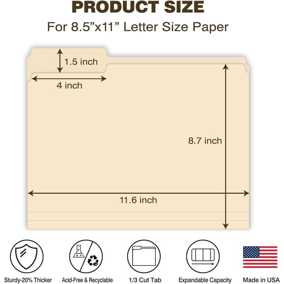 Manilla Folders 8.5 x 11 File Folders Letter Size Manila Folder with 1/3 Cut Tab 100 Pack Paper Folders for Office, School, Home, Business Filing Supplies Made in USA